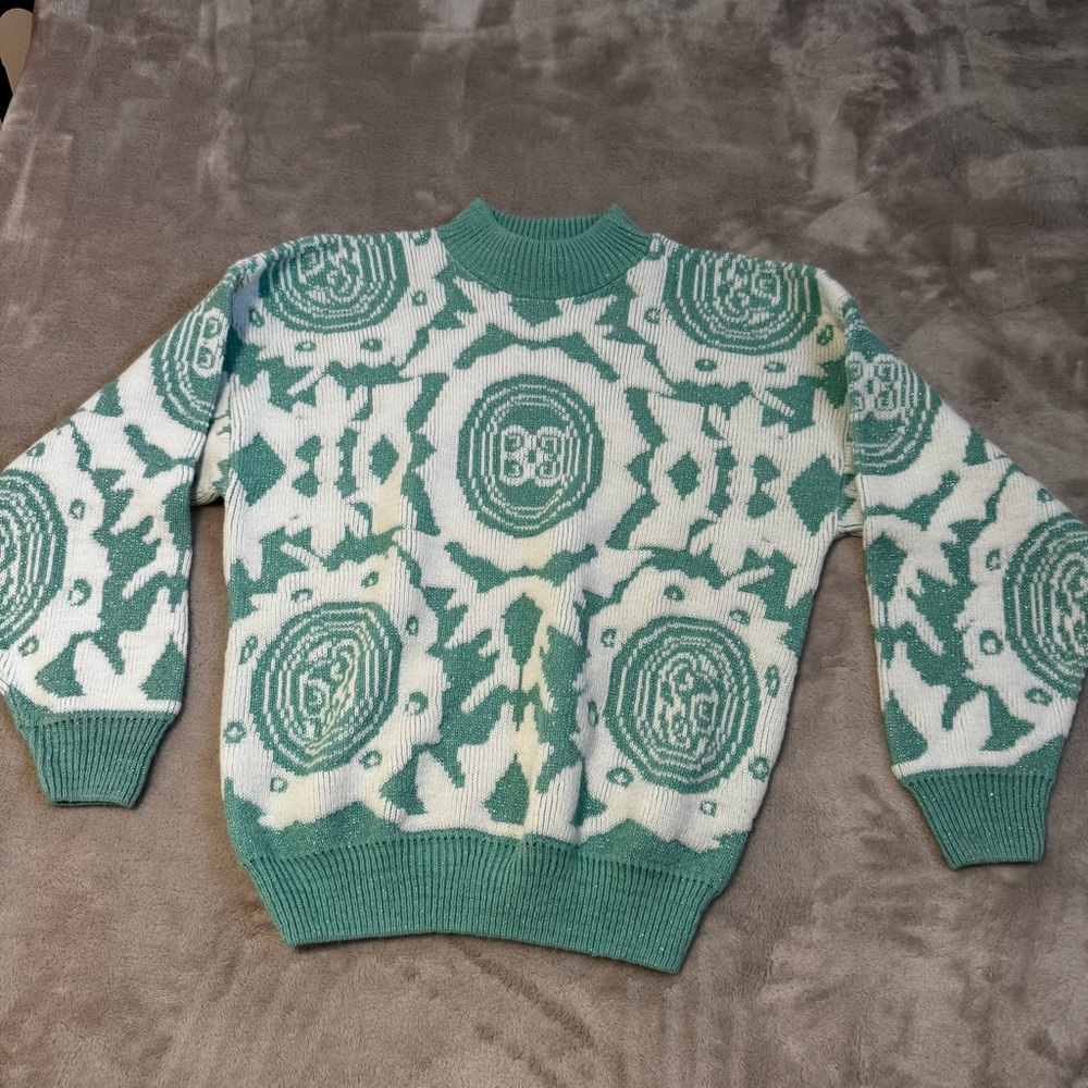 Vintage Cheryl Sweater Womens Small Mock Neck 90s Mint Green/White Made in USA